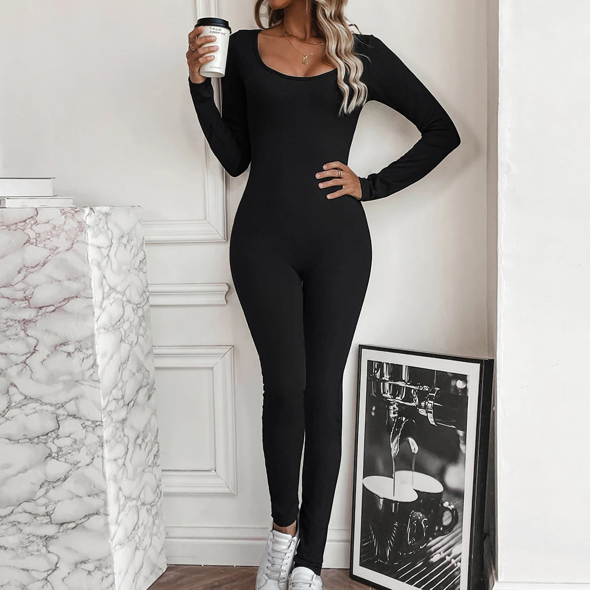 European and American slim fit sexy chest waist lace up boat collar long sleeved pants with small pit stripes jumpsuit - MyEmpired