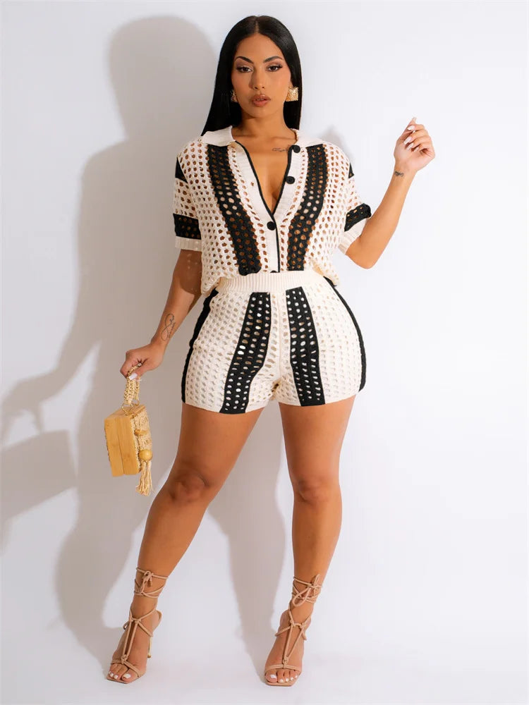 JRRY Sexy Women Knitted Set Two Pieces Sets Turn Down Collar Short Sleeves Top Pants Cover Ups Hollow Out Beach Pants Set - MyEmpired