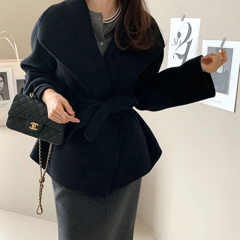 MEXZT Elegant Wool Blends Coats Women Black Bandage Woolen Jackets Winter Ladies Commute Outerwear Korean Fashion Overcoat New - MyEmpired