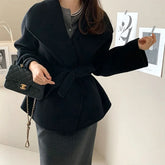 MEXZT Elegant Wool Blends Coats Women Black Bandage Woolen Jackets Winter Ladies Commute Outerwear Korean Fashion Overcoat New - MyEmpired