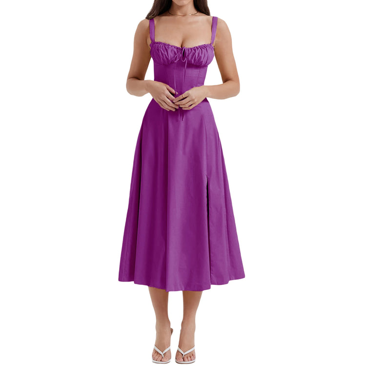 Women y2k Square Neck Lace Trim Boho Long Maxi Dress Floral Sleeveless Low Cut Split Side Bodycon Corset Sundress Streetwear - MyEmpired