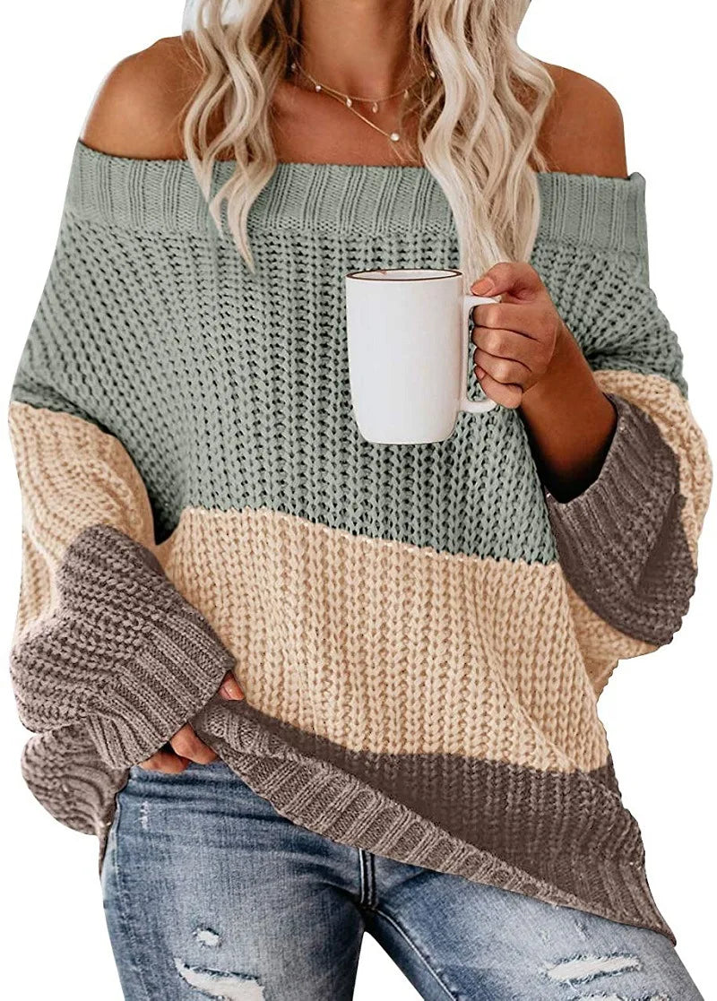 Off Shoulder Knit Sweaters Color Block Women Fashion Casual Pullovers Female Long Sleeve Tops Ladies Clothes Autumn Winter - MyEmpired