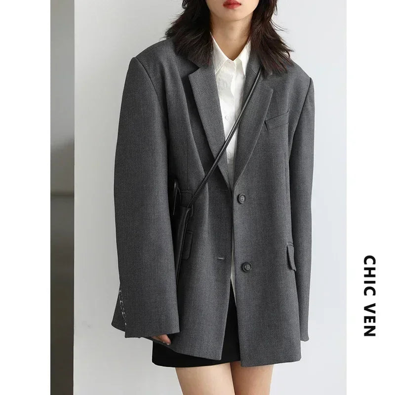CHICVEN Women Office Lady Blazer Cuff Embroidery Wide Shoulder Twill Suit Women&