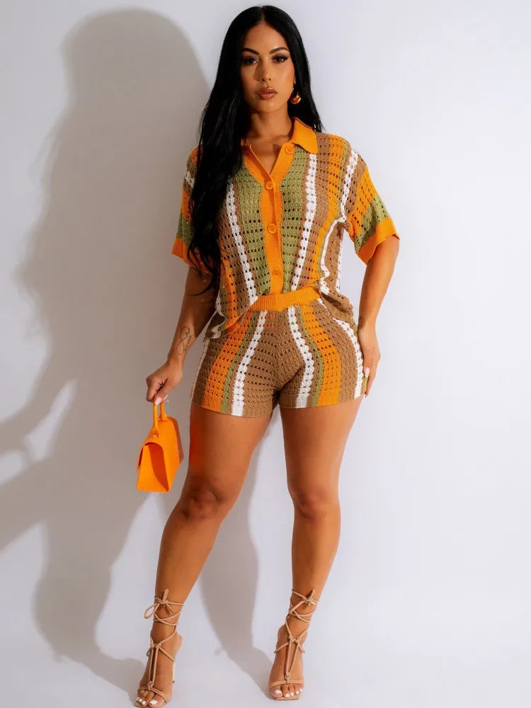 JRRY Sexy Women Knitted Set Two Pieces Sets Turn Down Collar Short Sleeves Top Pants Cover Ups Hollow Out Beach Pants Set - MyEmpired