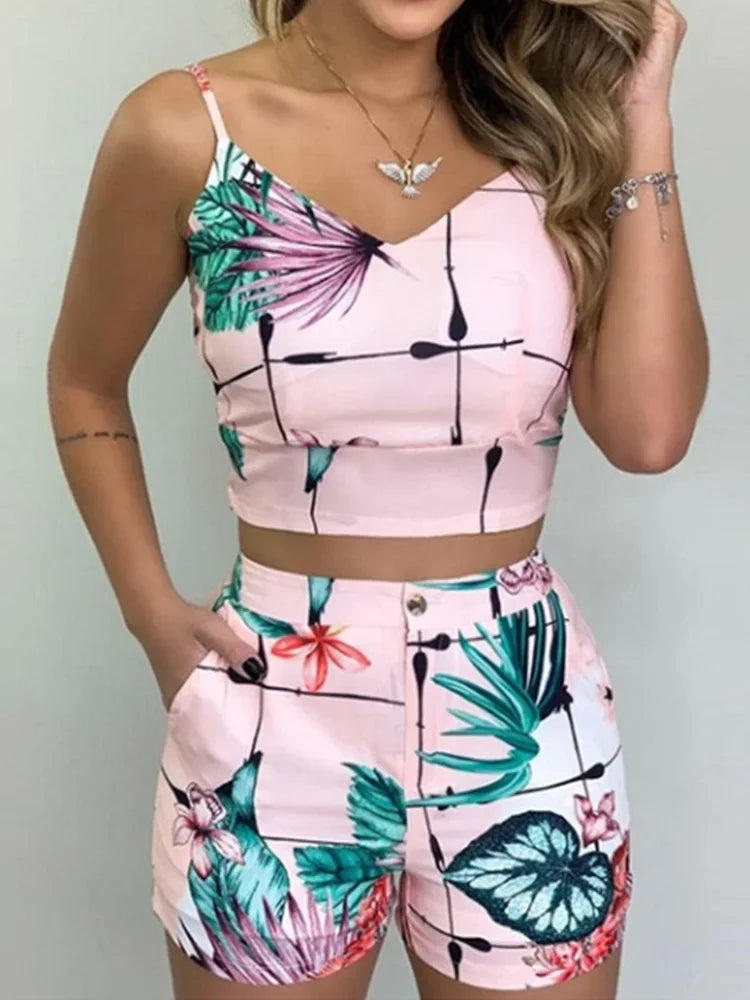 Print Spaghetti Strap Crop Top & Short Sets Casual Summer 2 Piece Outfits for Women - MyEmpired