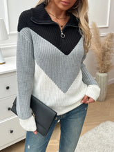 Color blocked shoulder zipper half breasted sweater - MyEmpired