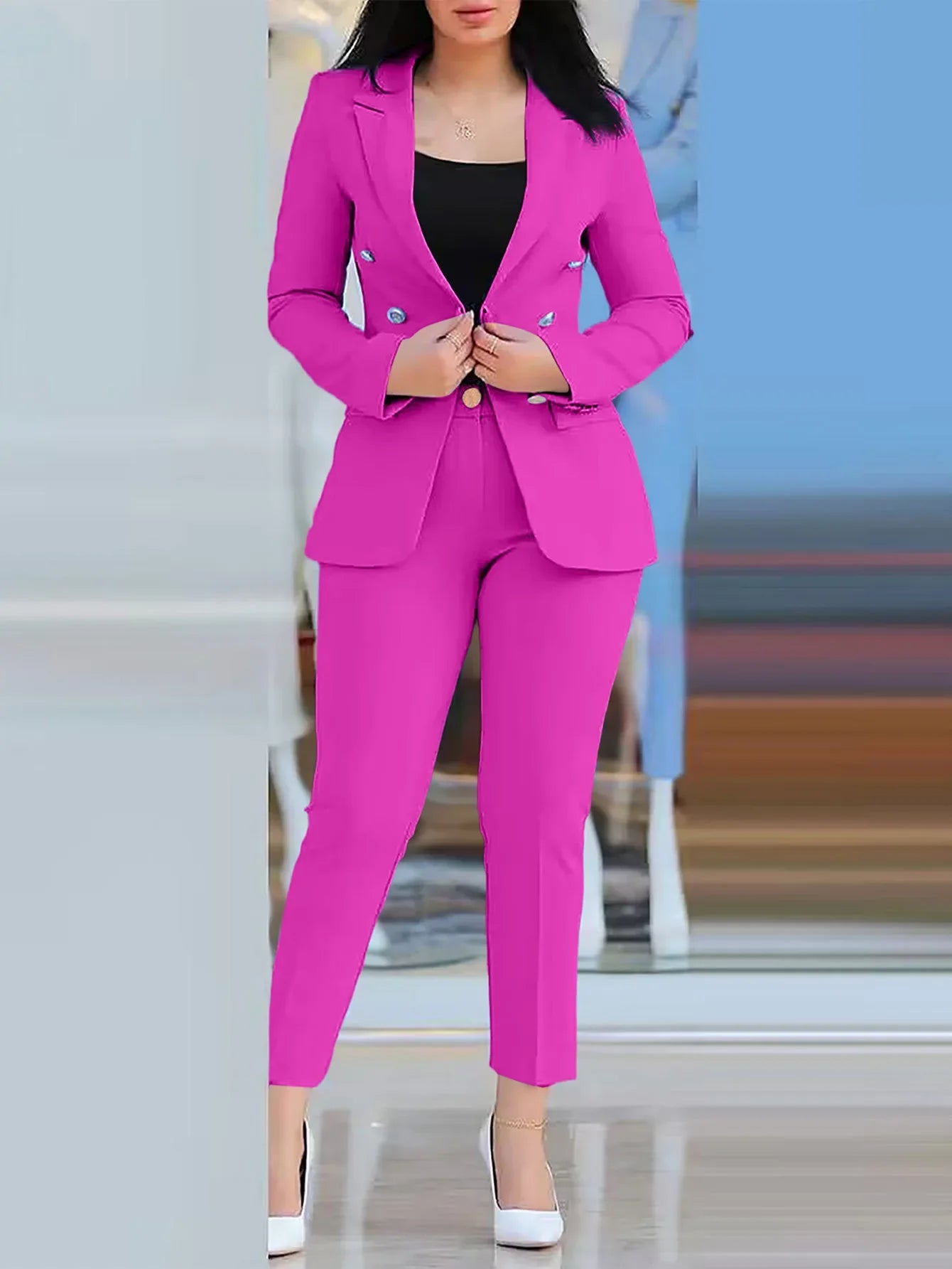 2pcs Women Office Clothing Set Long Sleeve Blazer Jacket & High Waist Pencil Pants Solid Color - MyEmpired