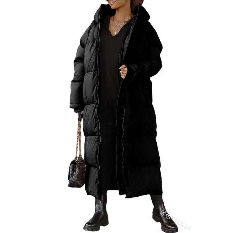 Hooded Solid Color Long Cotton Coat Fashion Casual Zipper Long Sleeve Women&