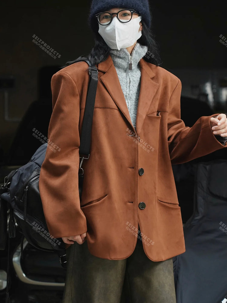 Winter Curved Pocket Oversized Blazer Suede Jacket Brown Green Loose Straight Coat For Women - MyEmpired