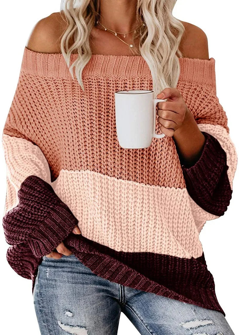 Off Shoulder Knit Sweaters Color Block Women Fashion Casual Pullovers Female Long Sleeve Tops Ladies Clothes Autumn Winter - MyEmpired