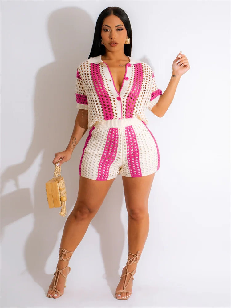 JRRY Sexy Women Knitted Set Two Pieces Sets Turn Down Collar Short Sleeves Top Pants Cover Ups Hollow Out Beach Pants Set - MyEmpired