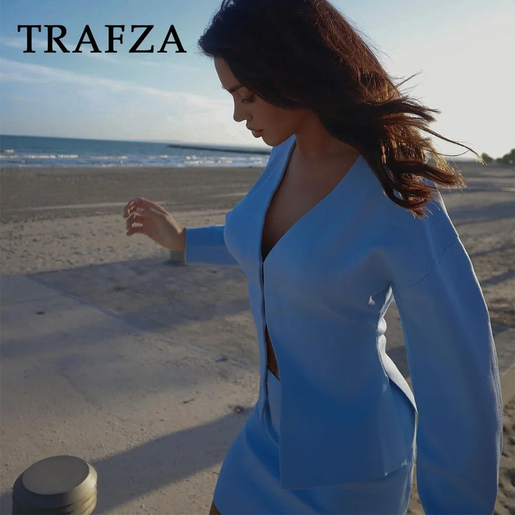 TRAFZA 2024 Spring Summer Sexy Solid Knitted Women Suits Fashion Nightclub V Neck Single Breasted Shirts+Chic Mini Pencil Skirts - MyEmpired