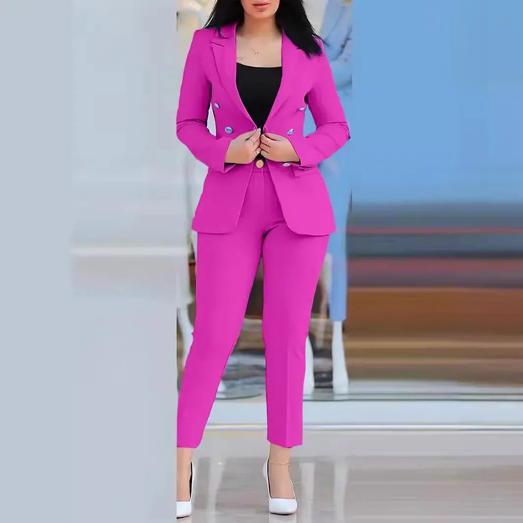 2pcs Women Office Clothing Set Long Sleeve Blazer Jacket & High Waist Pencil Pants Solid Color - MyEmpired