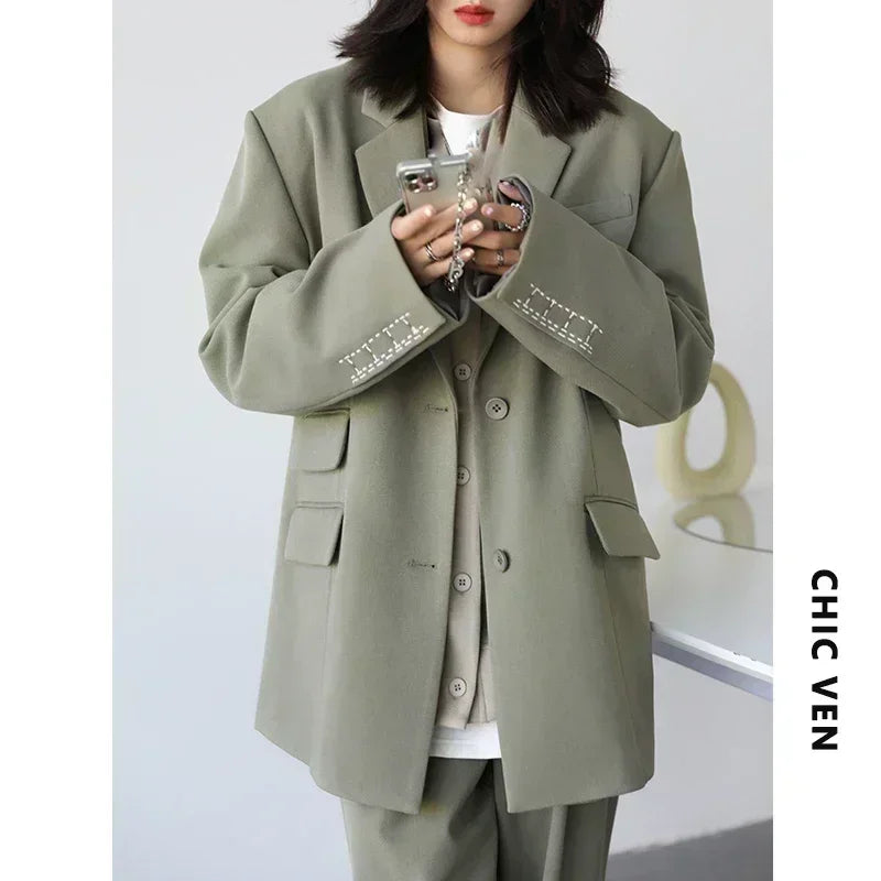 CHICVEN Women Office Lady Blazer Cuff Embroidery Wide Shoulder Twill Suit Women&