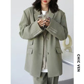 CHICVEN Women Office Lady Blazer Cuff Embroidery Wide Shoulder Twill Suit Women&