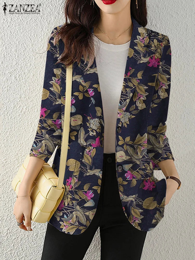 Women Autumn Blazer Retro Printed Coats Casual Long Sleeve Floral Outerwear ZANZEA Female Single Button Lapel Jackets Oversize - MyEmpired