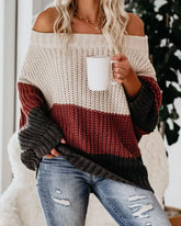 Off Shoulder Knit Sweaters Color Block Women Fashion Casual Pullovers Female Long Sleeve Tops Ladies Clothes Autumn Winter - MyEmpired