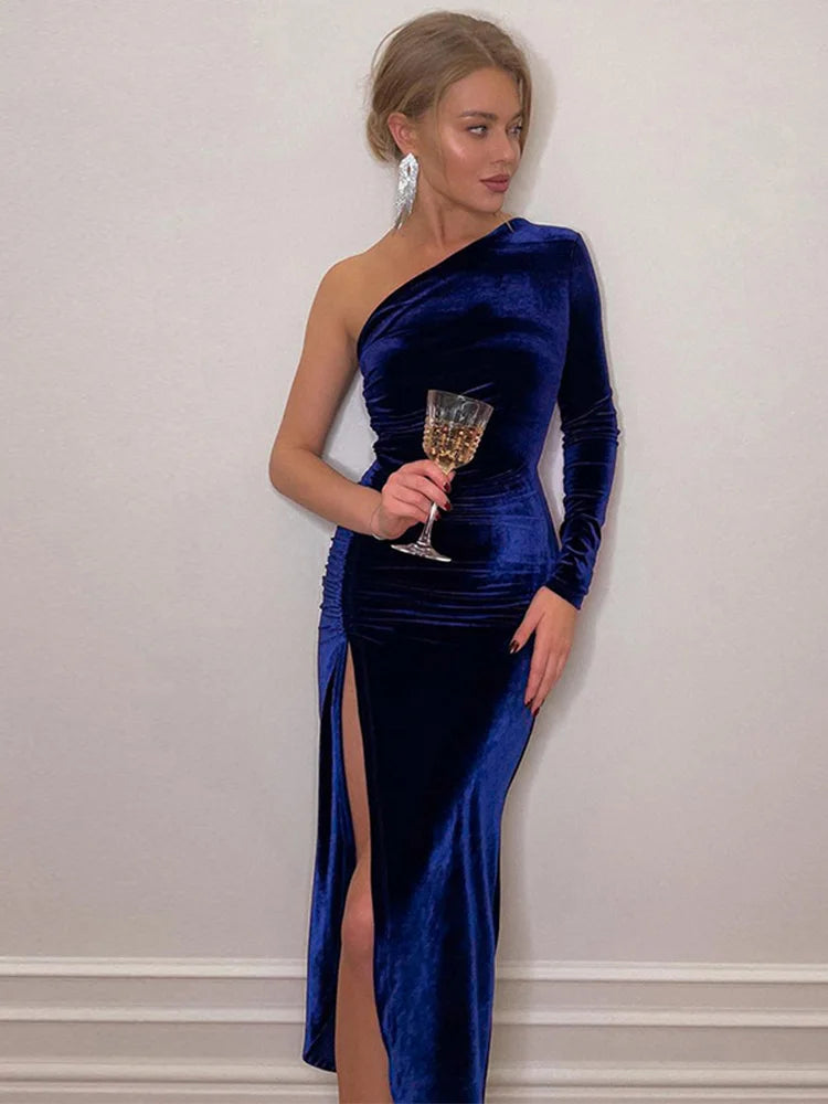 Women Elegant Long Sleeve Party Evening Velvet Bodycon Split Pencil Midi Dress Spring Autumn Clothes - MyEmpired