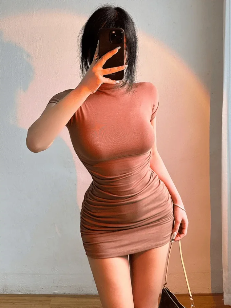 Sexy Tight Half High Collar Pleated Waist Mini Dress - MyEmpired