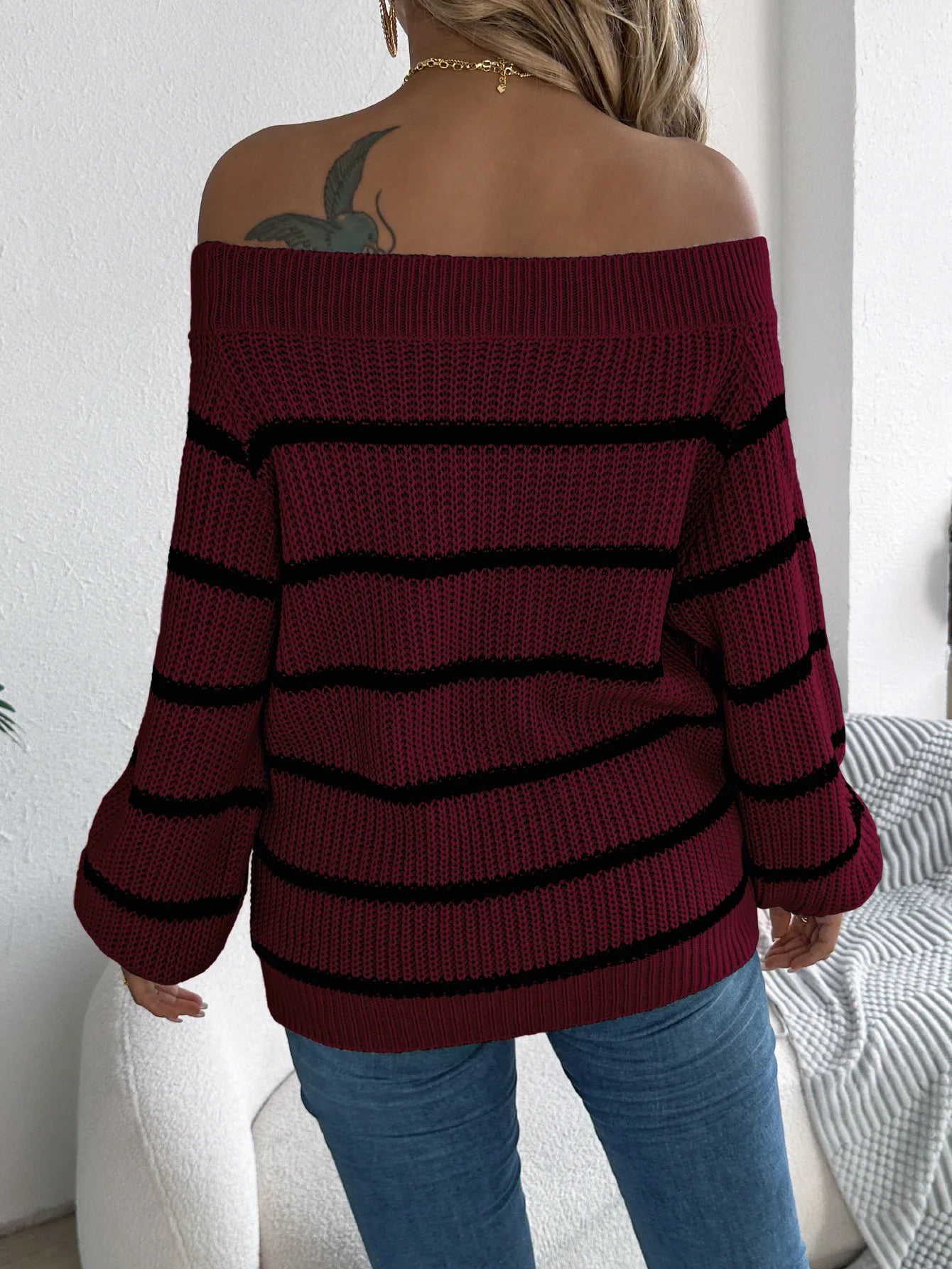 Womens Autumn Winter Off The Shoulder Knit Sweater Color Block Striped Lantern Sleeve Pullover Sweaters Knitted Jumper Tops - MyEmpired