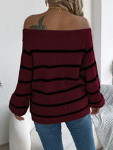 Womens Autumn Winter Off The Shoulder Knit Sweater Color Block Striped Lantern Sleeve Pullover Sweaters Knitted Jumper Tops - MyEmpired