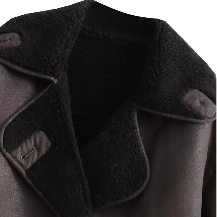 TRAF Woman Thick Faux Leather Jackets for Women Coat Autumn Winter Warm Wool Blends Coats Demi-season Plush Jacket Outerwear - MyEmpired