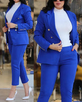 2pcs Women Office Clothing Set Long Sleeve Blazer Jacket & High Waist Pencil Pants Solid Color - MyEmpired