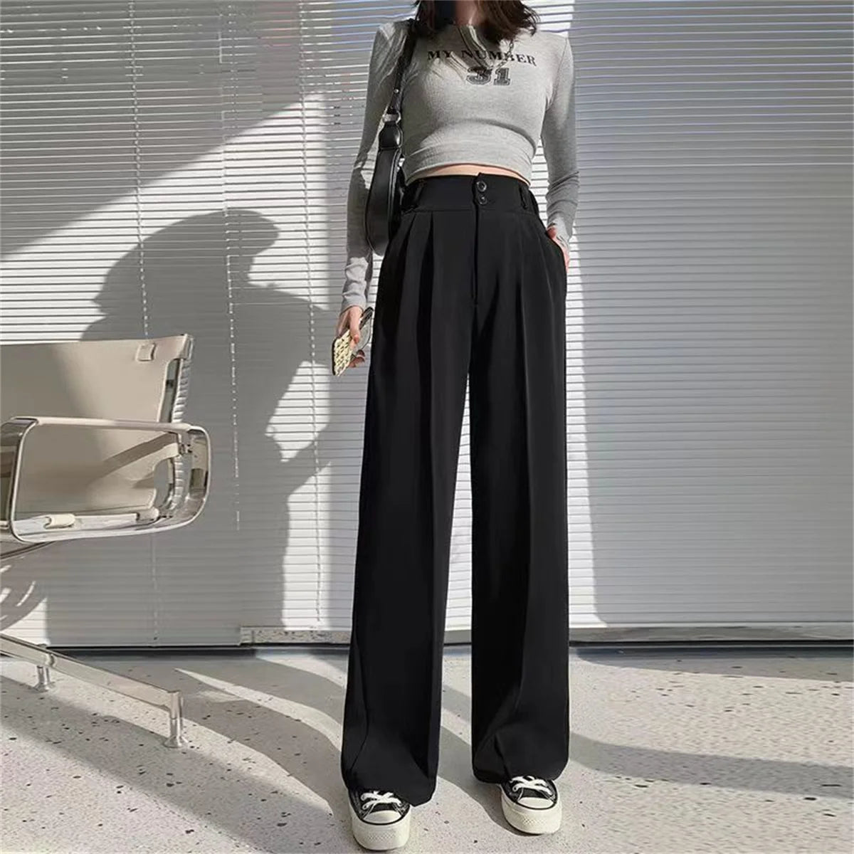 Fashion High Waist Wide Leg Pants Women Spring Fall Baggy Black Trouser Office Ladies Full Length Straight Suit Pant Outwear New - MyEmpired