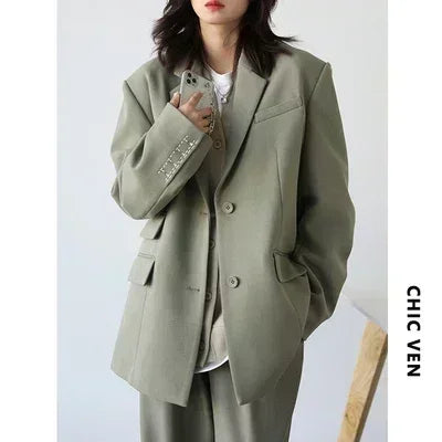 CHICVEN Women Office Lady Blazer Cuff Embroidery Wide Shoulder Twill Suit Women&