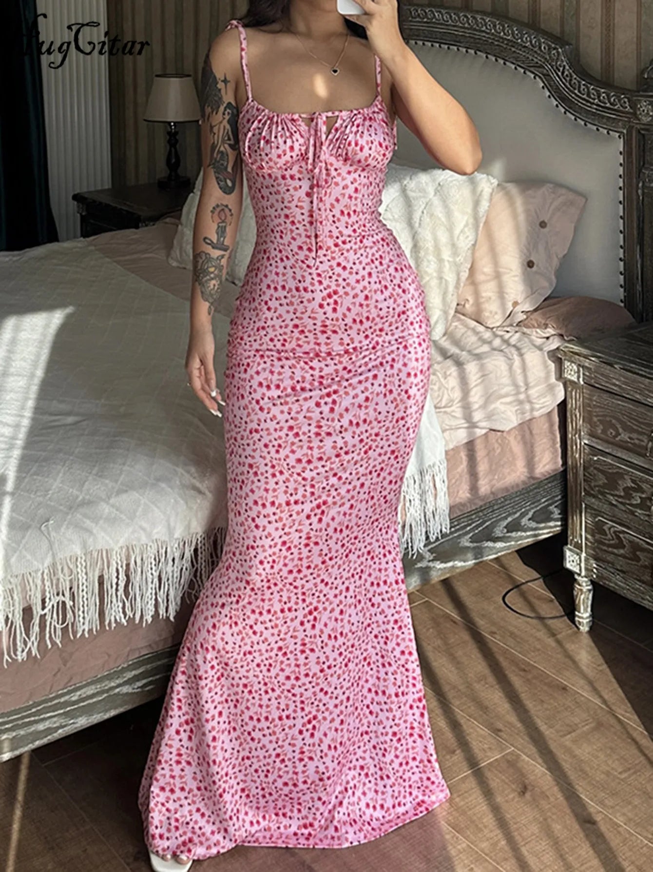 Hugcitar Women Elegant Floral Beach Vacation Bodycon Streetwear Long Dress 2023 Summer Clothes Wholesale Items For Business - MyEmpired