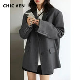 CHICVEN Women Office Lady Blazer Cuff Embroidery Wide Shoulder Twill Suit Women&