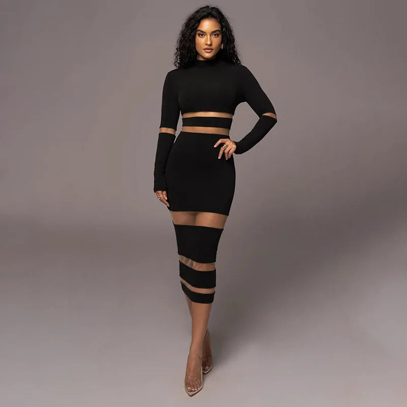 Patchwork Bodycon Sexy Midi Dress For Women 2023 Autumn Winter New Turtleneck Long Sleeve Club Party Sexy Dress Elegant - MyEmpired