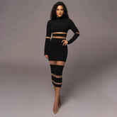 Patchwork Bodycon Sexy Midi Dress For Women 2023 Autumn Winter New Turtleneck Long Sleeve Club Party Sexy Dress Elegant - MyEmpired