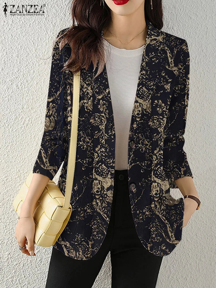 Women Autumn Blazer Retro Printed Coats Casual Long Sleeve Floral Outerwear ZANZEA Female Single Button Lapel Jackets Oversize - MyEmpired
