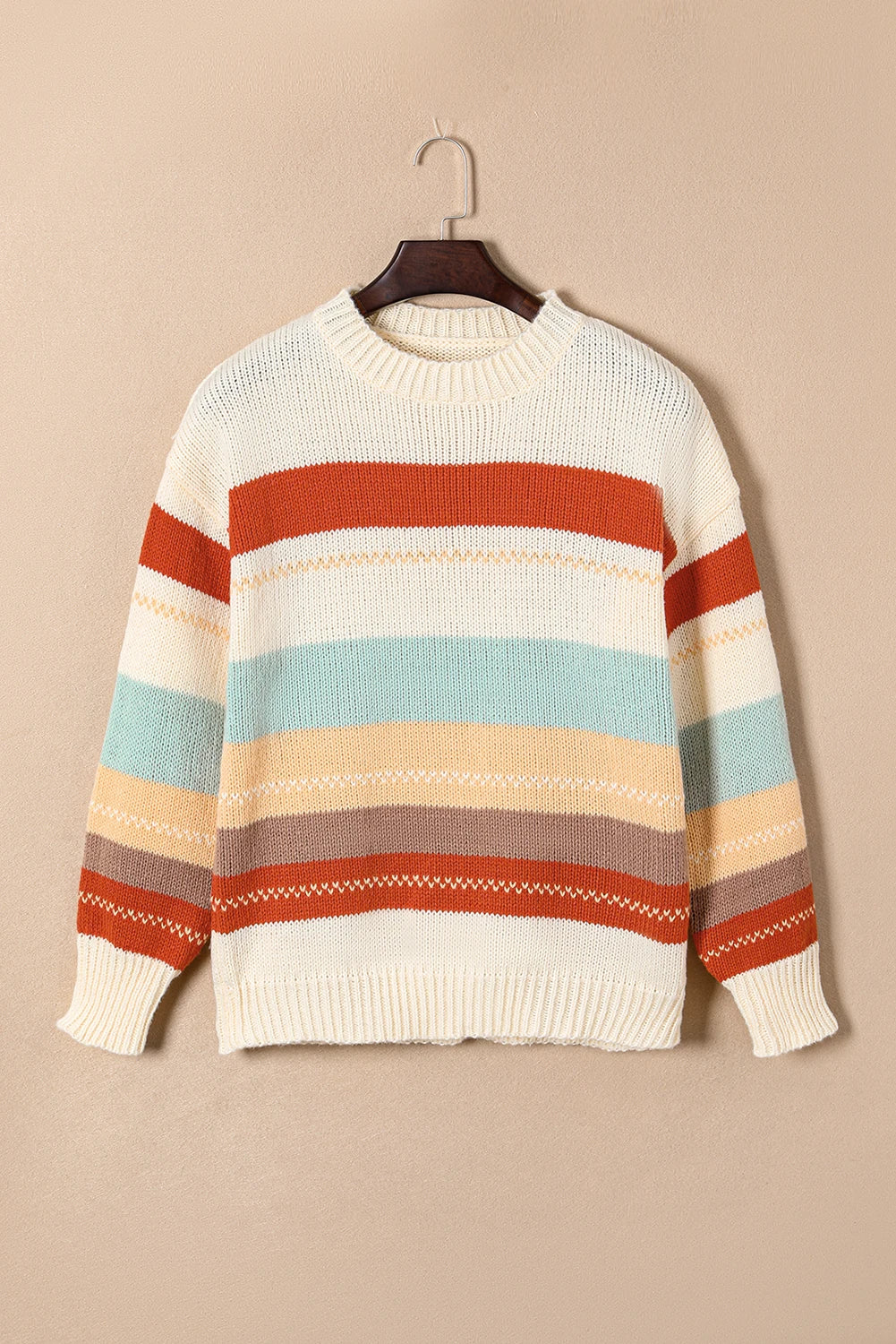 Crew Neck Drop-shoulder Striped Color Block Sweater - MyEmpired