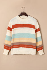 Crew Neck Drop-shoulder Striped Color Block Sweater - MyEmpired