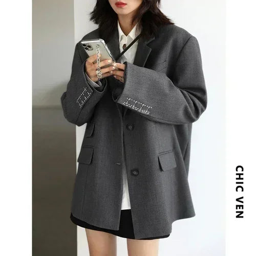 CHICVEN Women Office Lady Blazer Cuff Embroidery Wide Shoulder Twill Suit Women&