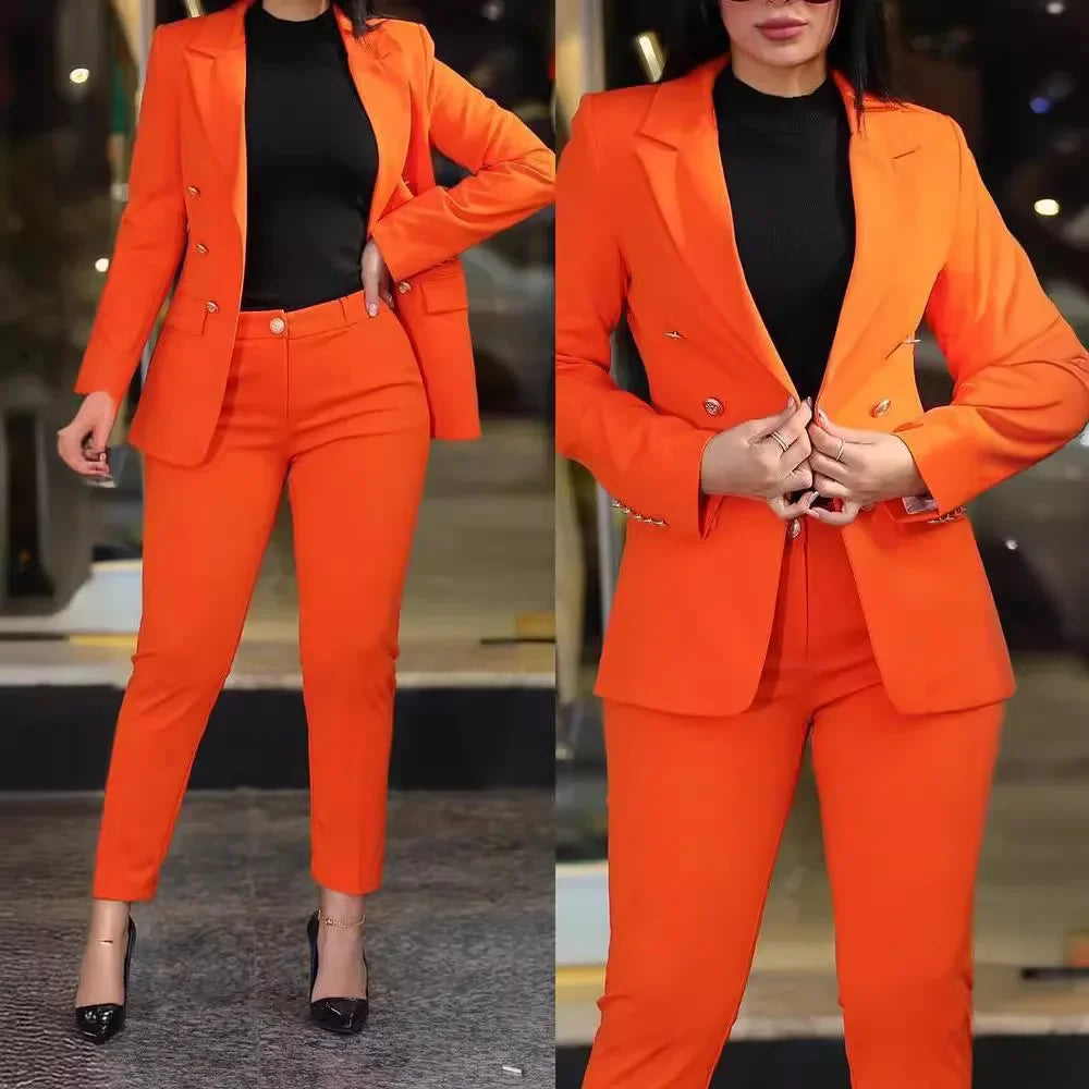 2pcs Women Office Clothing Set Long Sleeve Blazer Jacket & High Waist Pencil Pants Solid Color - MyEmpired