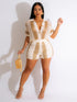 JRRY Sexy Women Knitted Set Two Pieces Sets Turn Down Collar Short Sleeves Top Pants Cover Ups Hollow Out Beach Pants Set - MyEmpired