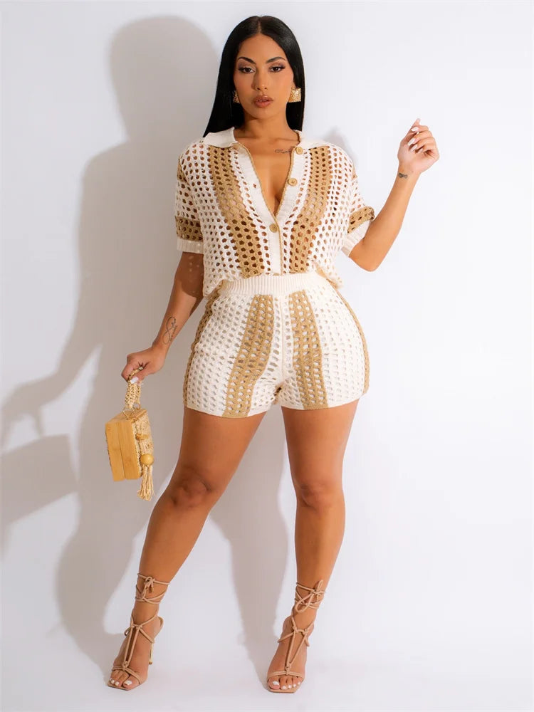 JRRY Sexy Women Knitted Set Two Pieces Sets Turn Down Collar Short Sleeves Top Pants Cover Ups Hollow Out Beach Pants Set - MyEmpired