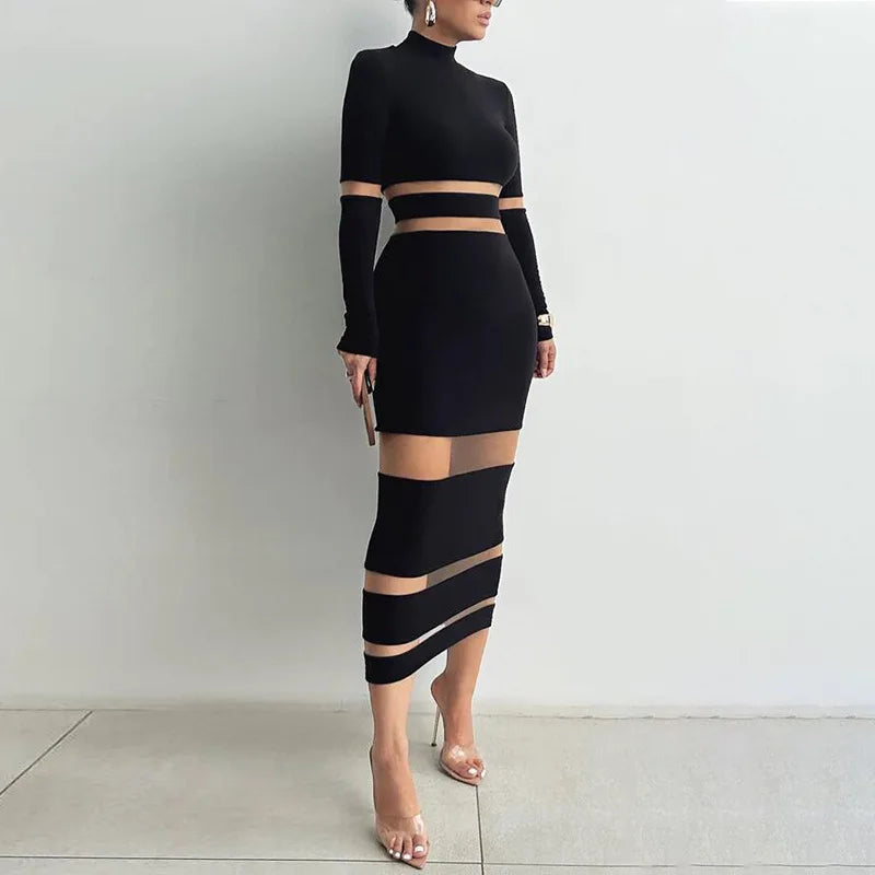 Patchwork Bodycon Sexy Midi Dress For Women 2023 Autumn Winter New Turtleneck Long Sleeve Club Party Sexy Dress Elegant - MyEmpired