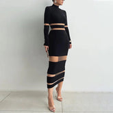 Patchwork Bodycon Sexy Midi Dress For Women 2023 Autumn Winter New Turtleneck Long Sleeve Club Party Sexy Dress Elegant - MyEmpired