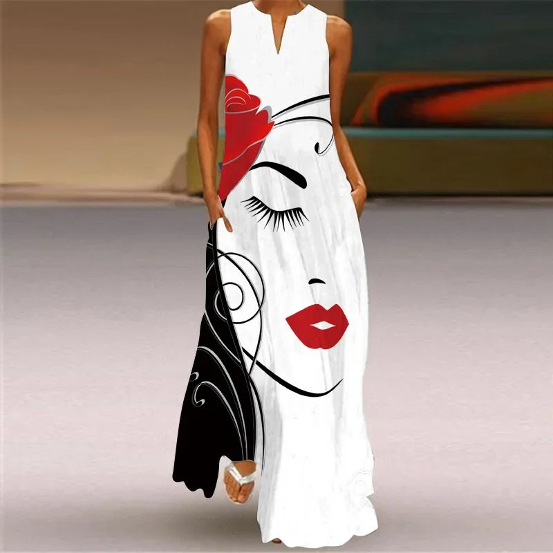 Elegant Sleeveless Women Dress Summer Vintage Print Loose Long Maxi Dresses Lady V Neck Pocket Sundress Femme Vestido Plus Size