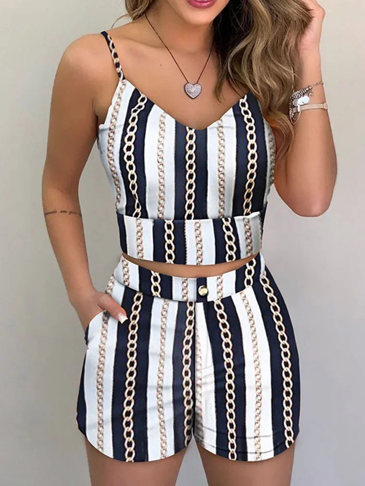 Print Spaghetti Strap Crop Top & Short Sets Casual Summer 2 Piece Outfits for Women - MyEmpired