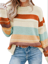 Crew Neck Drop-shoulder Striped Color Block Sweater - MyEmpired