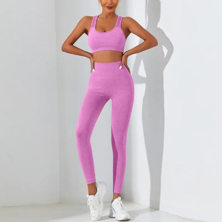 Yoga Basic 2pcs Seamless High Stretch Yoga Set Tracksuit Gym Set Crisscross Back Cami Hip-hugging Tummy Control Leggings - MyEmpired