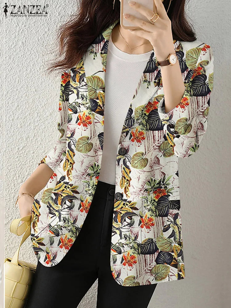 Women Autumn Blazer Retro Printed Coats Casual Long Sleeve Floral Outerwear ZANZEA Female Single Button Lapel Jackets Oversize - MyEmpired