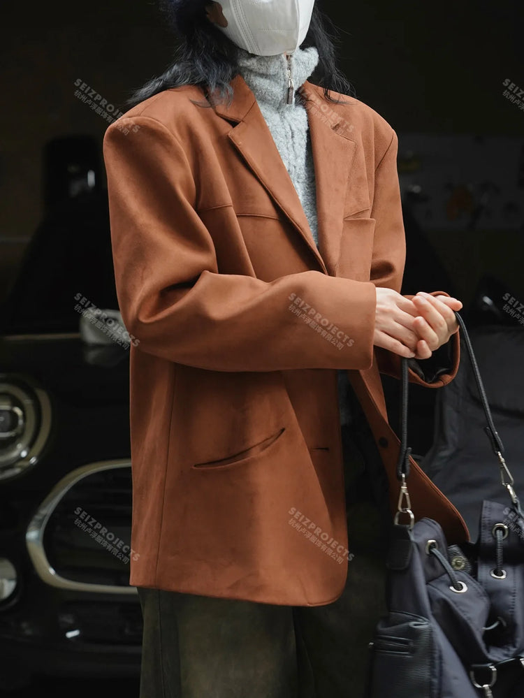 Winter Curved Pocket Oversized Blazer Suede Jacket Brown Green Loose Straight Coat For Women - MyEmpired