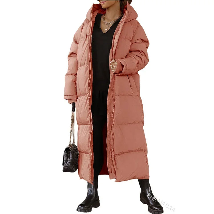 Hooded Solid Color Long Cotton Coat Fashion Casual Zipper Long Sleeve Women&