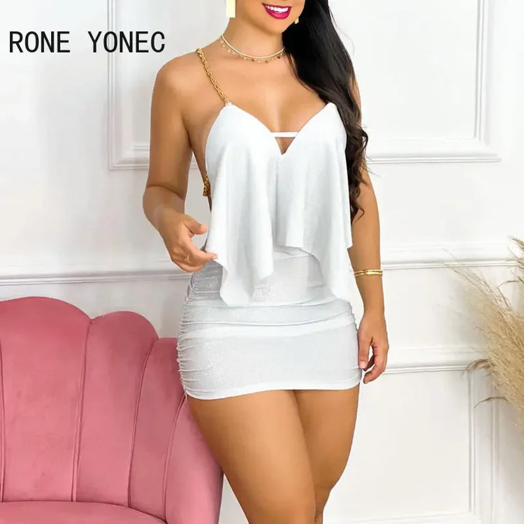 Women Outfit 2023 Spaghetti Strap Asymmetrical Chain Strap Bodycon Dresss Party Dress - MyEmpired